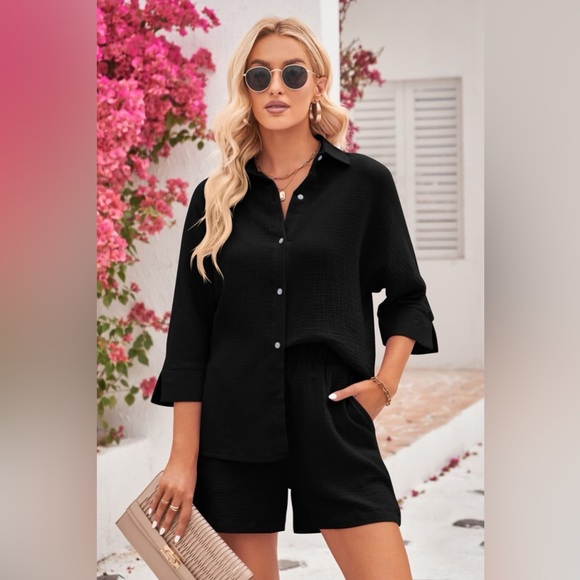 Double Take Textured Shirt and Elastic Waist Shorts Set - Picture 1 of 3